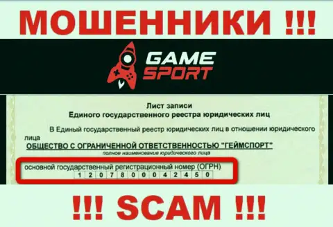 Регистрационный номер организации, которая владеет Game Sport - 1207800042450