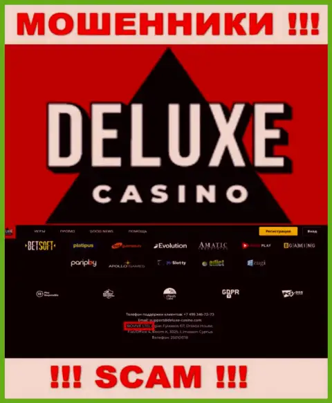 Данные о юридическом лице Deluxe-Casino Com у них на официальном сайте имеются - это БОВИВЕ ЛТД