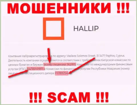 Не сотрудничайте с мошенниками Hallip - наличием лицензионного номера, на сайте, завлекают клиентов